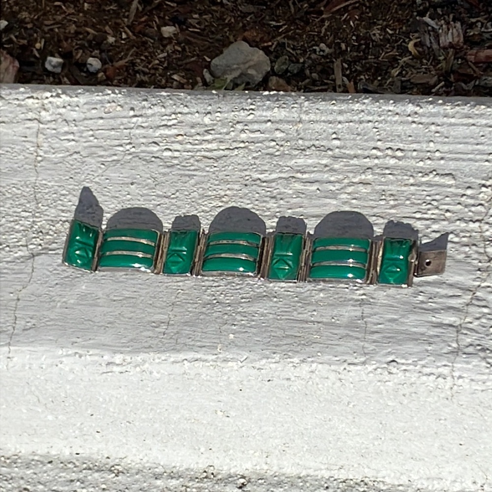 Huge Vintage Taxco Mexico Silver and Green Mask Panel Bracelet - Picture 11 of 12